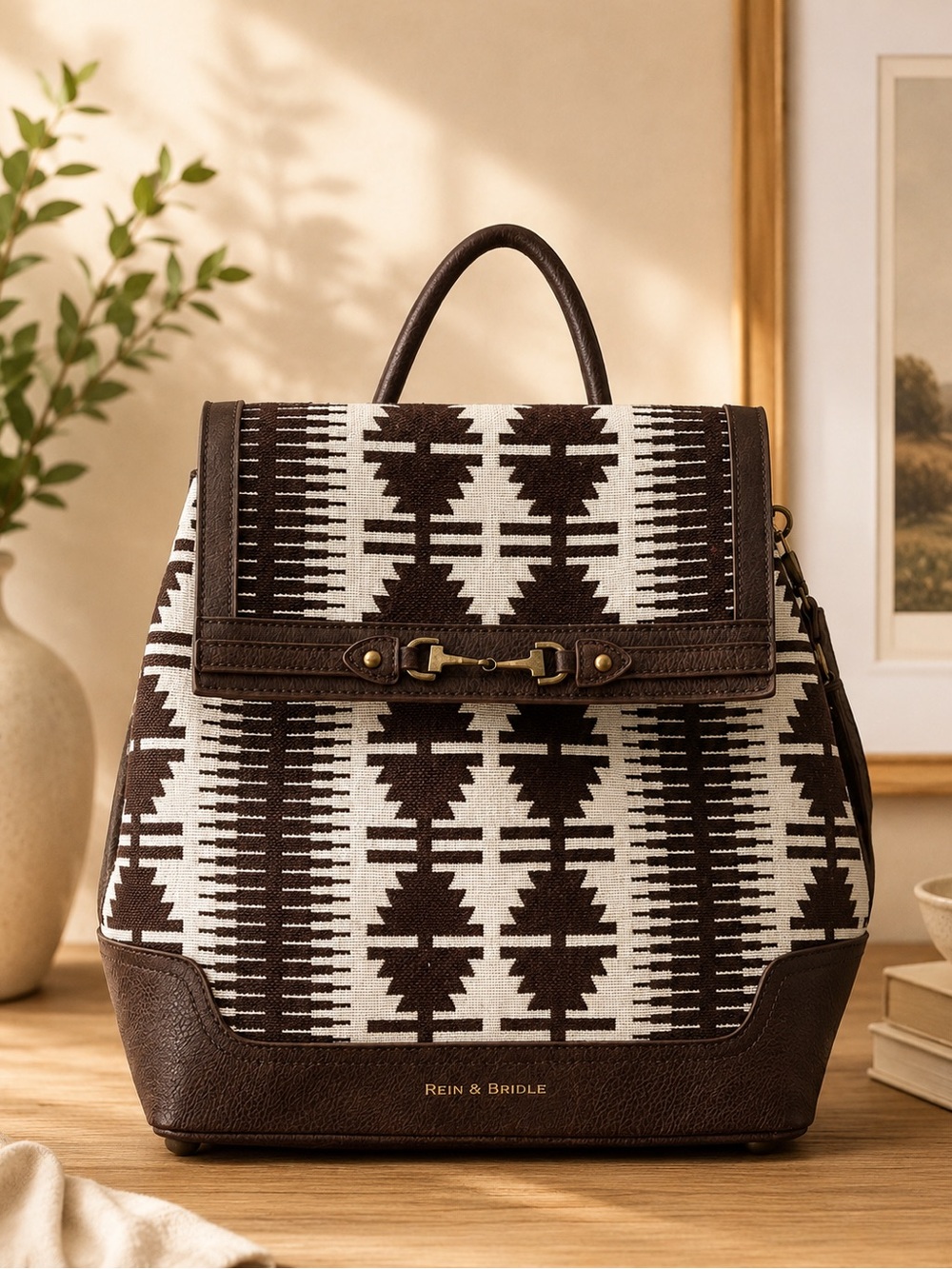 NWT Rein & Bridle Western Aztec Backpack Tote Brown White Southwest Bag